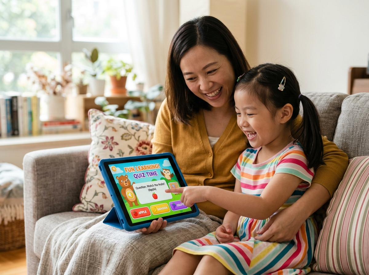 Ibu dan anak senang belajar edukasi interaktif lewat tablet